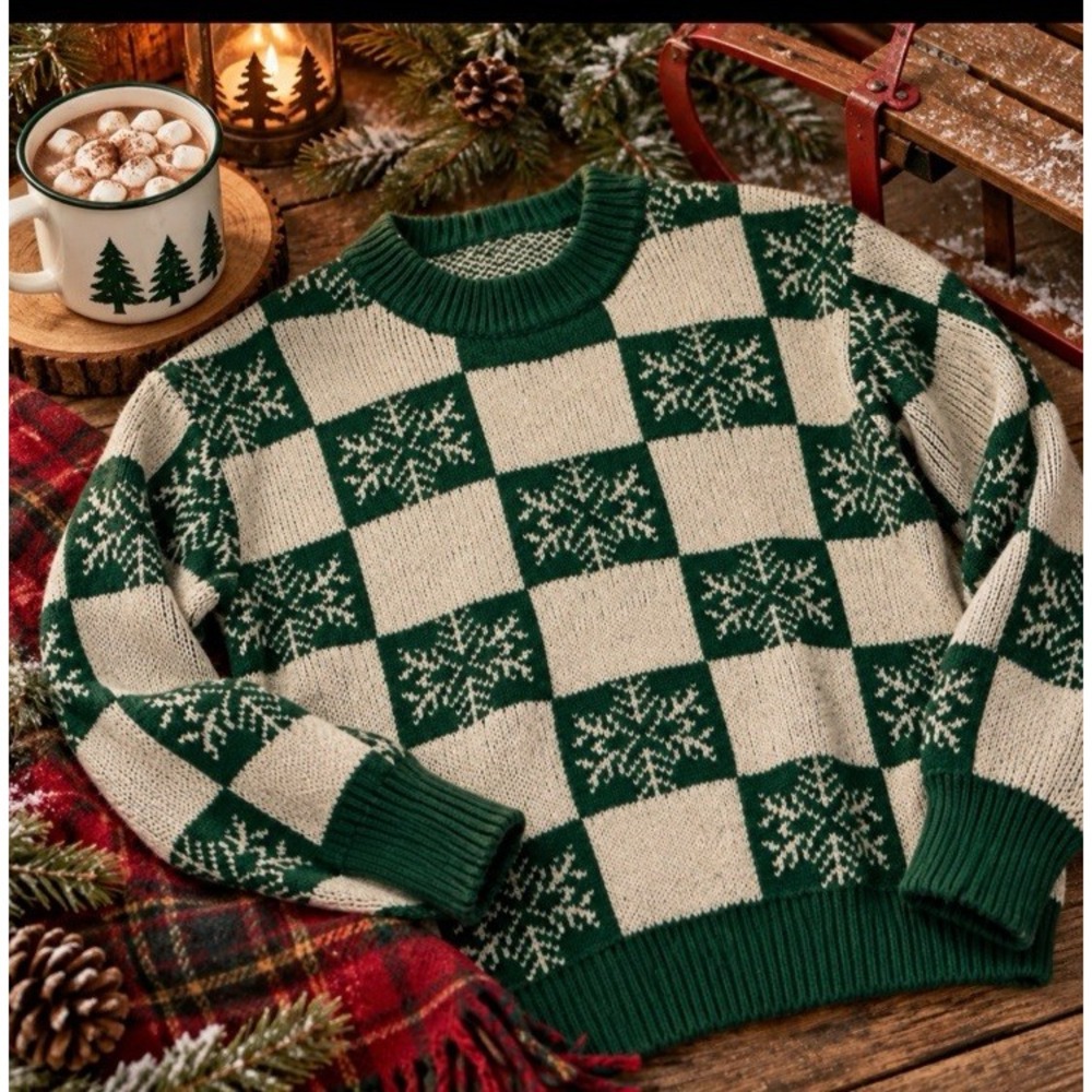 Coquette Cottagecore Buffalo Plaid Snowflake Knit Sweater Women's Small Holiday